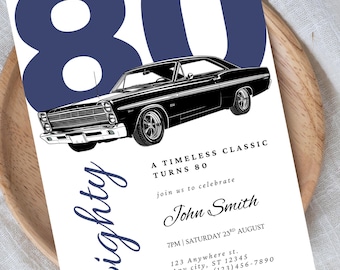 May include: White invitation card with a navy blue "80" and the word "Eighty" in script. A black classic car graphic is featured. Text includes "A Timeless Classic Turns 80" and event details: date, time, location, and RSVP information.