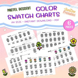 Flower Swatch Chart Printable – 6 A4 Pages | Cute Hand-Drawn Floral Icons for Marker & Pencil Test | Digital PDF Download