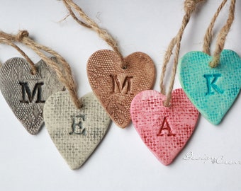COLOR heart ornaments - Wedding favors, personalized monogram, clay hearts, wedding decoration, Christmas ornaments, Valentines tags