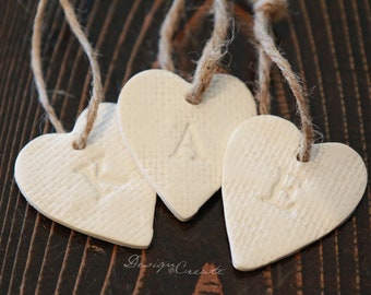 BURLAP heart ornaments - Wedding favors, personalized monogram, clay hearts, wedding decoration, Christmas ornaments, Valentines tags