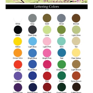 May include: A chart showing 36 different vinyl lettering colors. The colors are arranged in rows and columns, with the color name printed below each color swatch. The colors include white, gray, gold, silver, bronze, black, dark gray, lime, olive, light olive, yellow, light blue, light pink, mint, tan, orange yellow, bright blue, bright pink, teal, pale yellow, orange, royal blue, pink, grass green, light brown, lavender, navy, red, green, spice brown, dark purple, midnight blue, deep red, forest green, and coffee brown.