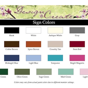 Op de afbeelding: Een grafiek met 14 verschillende verfkleuren voor borden. De kleuren zijn: Zwart, Wit, Antiek wit, Grijs, Koffiebruin, Specerijbruin, Landelijk bruin, Schuurrood, Middernachtblauw, Lichtblauw, Turquoise, Felmagenta, Bosgroen, Olijfgroen, Saliegroen, Mintgroen en Lichtroze. De tekst "Design Creator Sign Colors" staat bovenaan de grafiek.