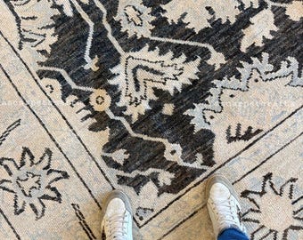 Vintage Persischer Stil Wollteppich - Anthrazit Schwarz & Creme Traditioneller Blumenteppich, großer klassischer Oushak Teppich für Wohnzimmer,