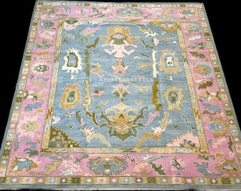 Oushak Wool Rug - Light Blue and Vibrant Pink Area Rug, Traditional Antique Style Turkish Carpet .