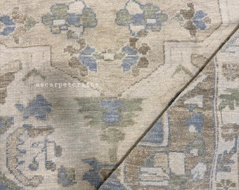 Vintage Oushak Teppich, Traditioneller Weicher Wollteppich aus Schieferblau, Wollteppich, Wohnzimmerteppich