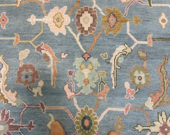 Hand-Knotted Oushak Wool Rug - Muted Steel Blue and Sage Green Area Rug, Traditional Antique Style Turkish Carpet
