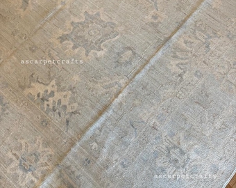 Oushak Wollteppich - Gedämpftes Grau & Hellblau Traditioneller Vintage-inspirierter Teppich, Handgeknüpfter Look Großer Teppich für Wohnzimmer, Schlafzimmer.