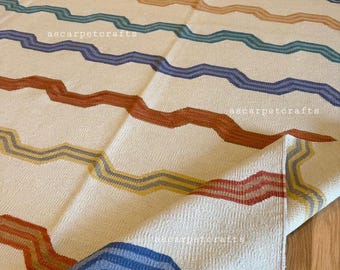 Moderner gewellter Streifen Kelim Teppich - Bunter Zick-Zack Flachgewebe Dhurrie, Retro Mid Century Teppich, Verspielter Geometrischer Creme Teppich für Wohnzimmer
