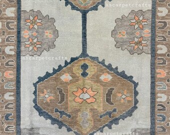 80x300, Oushak Teppichläufer, Küchenteppich in Pastellblau, Geometrischer Stil, Handgeknüpfter Wollteppich.