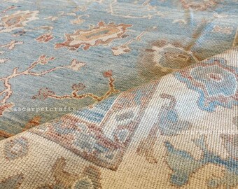 Oushak Style Blauer Wollteppich - Traditioneller Hellblauer & Terrakotta Teppich mit Blumenmuster, Eleganter neutraler Bordürenteppich für Wohnzimmer, Schlafzimmer.