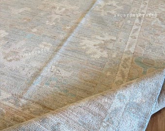 Vintage Oushak Wollteppich - Gedämpfter Pastell Grau Blau Weicher Beige Handgeknüpfter Teppich - Traditioneller Beunruhigter Blumen Teppich für Wohnzimmer.