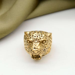 Leopard Head Gold Ring – Wild Cat Brass Ring – Fierce Jungle Animal Ring – Bold Statement Panther Ring – Adjustable Unisex Safari Jewelr