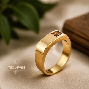 Vintage Brass Ring with Square Red Stone, Chunky Gold Band Ring for Men and Women, Statement Signet Ring, Red Garnet Ruby Geometric Ring