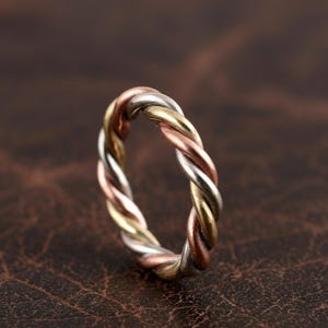 Handmade Braided Trinity Ring, Copper Brass Silver Twist, Trishakti Braided Ring, Tri-Color Metal Twist Band, Copper, dainty Brass Ring