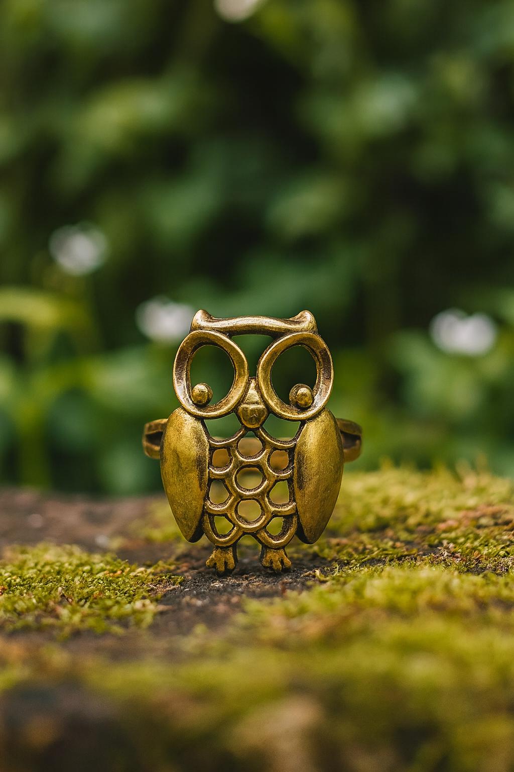 Vintage Style Brass Owl Ring - Adjustable Bird Jewelry - Handmade Owl Wrap Ring for Wisdom & Nat