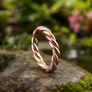 Handmade Braided Trinity Ring, Copper Brass Silver Twist, Trishakti Braided Ring, Tri-Color Metal Twist Band, Copper, dainty Brass Ring