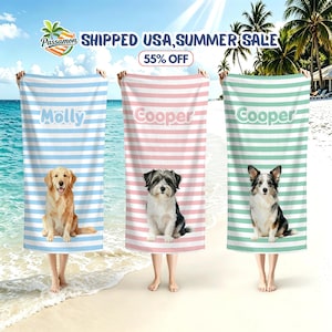 May include: Three rectangular beach towels featuring horizontal stripes in light blue, pink, and mint green. Each towel displays a custom name in white text and a realistic portrait of a dog. The towels are held up against a beach background.