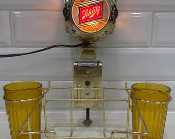 Insegna luminosa per birra Schlitz vintage del 1972 con portabicchieri e bicchieri - Lampada da bar