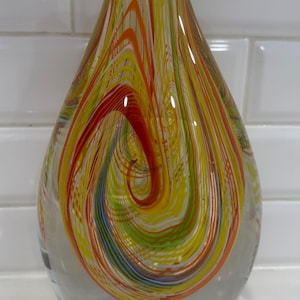 Murano-Style Hand-Blown Art Glass Teardrop Sculpture -Multicolor Latticino Swirl