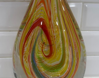 Murano-Style Hand-Blown Art Glass Teardrop Sculpture -Multicolor Latticino Swirl
