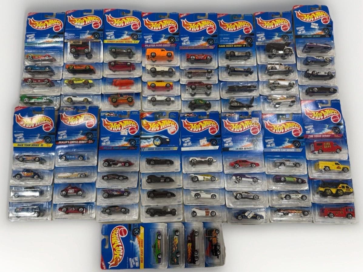 Lot of 68 Vintage Hot Wheels Cars • 1990s Blue Card Diecast Collection • Mattel 1:64 Scale • New on Card • Collector Set