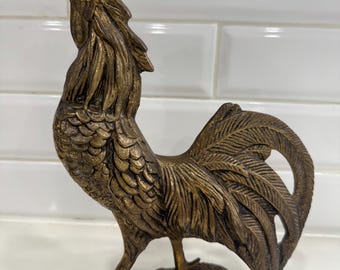 Vintage Art Nouveau Solid Brass Rooster Figurine Statuette With Red Glass Eye