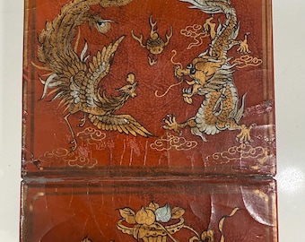 Antique Chinese Hand Painted Phoenix & Dragon Rosewood Trinket box w Flip Up Mirror