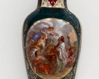 Large Vintage Hand-Painted Decorative Vase - Romantic Scene, Gold Accents, Victoria-Style Porcelain