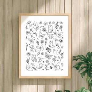 Impressão artística de borboletas e flores silvestres | Arte de parede minimalista com tinta preta | 8x10 | Desenho botânico com linhas finas