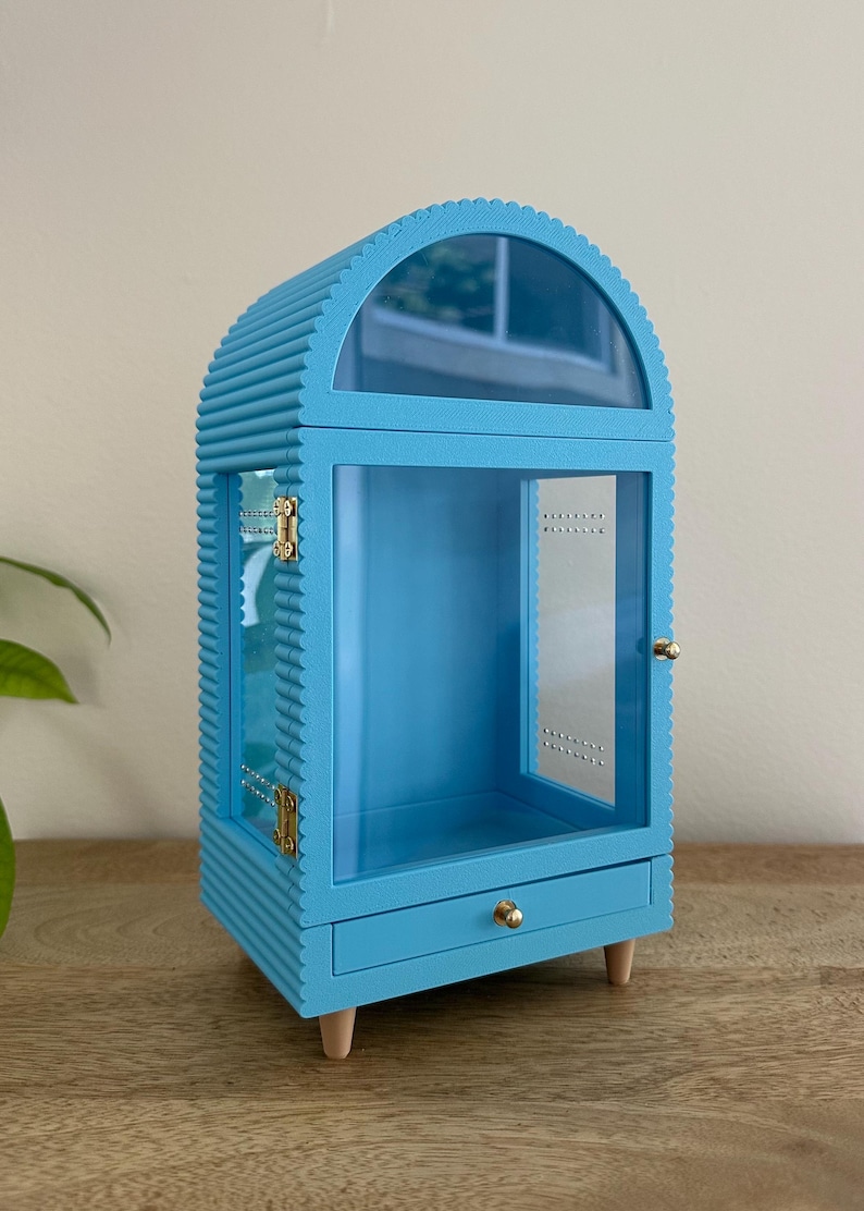 Terrário arqueado para aranhas-saltadoras | Porta frontal magnética e gaveta deslizante | Tampo removível opcional Sky Blue