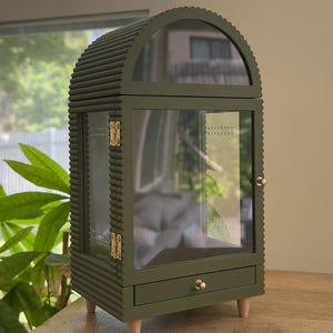 Terrário arqueado para aranhas-saltadoras | Porta frontal magnética e gaveta deslizante | Tampo removível opcional Forest Green