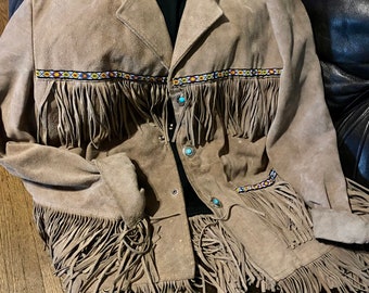 Taupe/Beige Suede Tassel Jacket with Beading