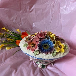 VTG Italian Renaissance Revival Faïence Nove Rose Floral Footed Oval Trinket Box