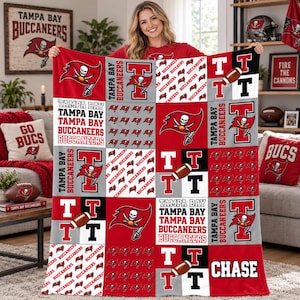 Tampa Bay Buccaneers Custom Name Flannel Blanket,Pirate Flag Patchwork Print Football Throw,Birthday Gift for Bucs Fans,Game Day Keepsake bild 1