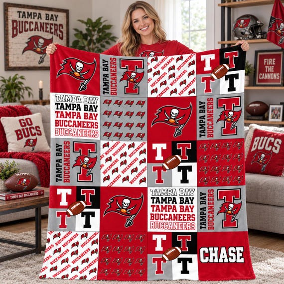 Tampa Bay Buccaneers Custom Name Flannel Blanket,Pirate Flag Patchwork Print Football Throw,Birthday Gift for Bucs Fans,Game Day Keepsake