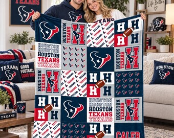 Houston Texans Custom Name Flannel Blanket,Football Logo Collage Print Throw,Personalized Birthday Gift for Houston Fans,Sunday Watch Party