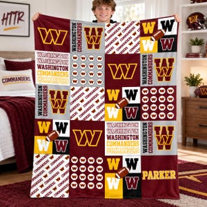 May include: A Washington Commanders fleece blanket featuring a patchwork design of burgundy, gold, and white panels. The pattern includes the team logo, football graphics, repeating text, and the name Parker in bold gold lettering on a burgundy background.