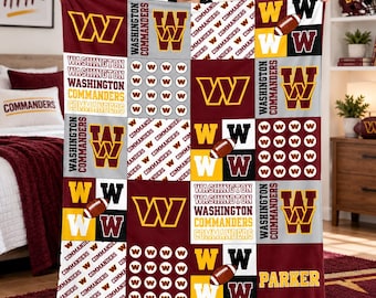 Washington Commanders Custom Name Flannel Blanket,Burgundy Gold Football Patchwork Print Throw,Varsity W Design,Gift for Dad and Son,Boy,Men