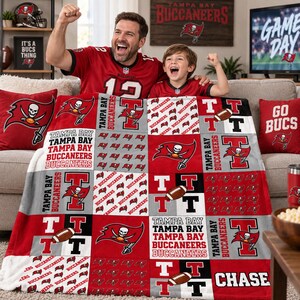 Tampa Bay Buccaneers Custom Name Flannel Blanket,Pirate Flag Patchwork Print Football Throw,Birthday Gift for Bucs Fans,Game Day Keepsake bild 4