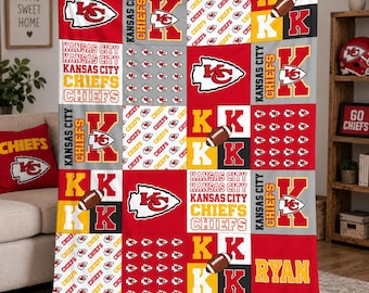 Kansas City Chiefs Personalized Flannel Blanket,Red Gold Varsity Patchwork Print,Custom Name Arrowhead Football Throw,Gift for KC Fans