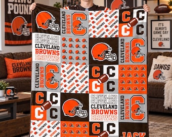 Cleveland Browns Personalized Flannel Blanket,Orange Helmet Patchwork Print,Custom Name Varsity Football Throw,Gift for Boys and Dads