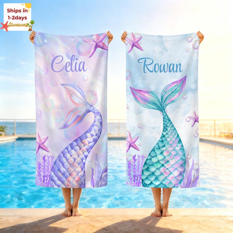 May include: Two personalized mermaid tail beach towels, one with the name "Celia" and the other with "Rowan". The towels feature watercolor mermaid tails, starfish, and bubbles in shades of purple, blue, and teal. The background is a soft, dreamy watercolor effect.