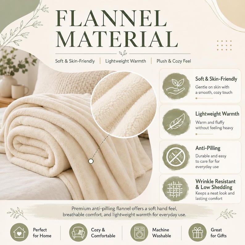 May include: A cream-colored flannel blanket with a soft, plush texture. The image includes text describing the material as soft, skin-friendly, lightweight, anti-pilling, and wrinkle-resistant, with icons for home, comfort, and machine washing.