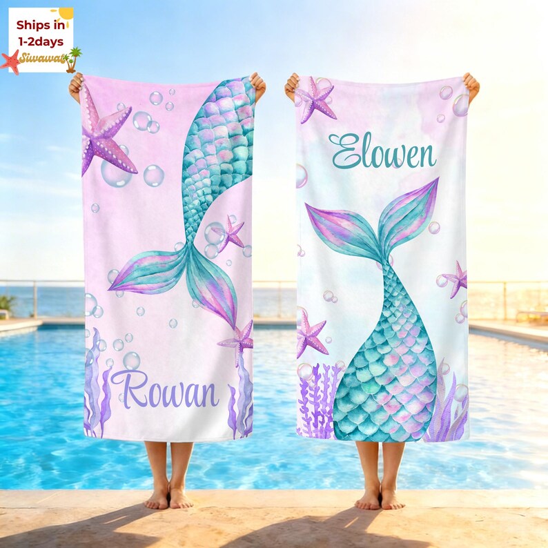 May include: Two personalized mermaid tail beach towels. One towel is pink with a teal and purple mermaid tail, starfish, bubbles, and the name "Rowan". The other is white with a teal and purple mermaid tail, starfish, bubbles, and the name "Elowen".