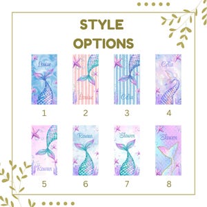 May include: Eight rectangular designs featuring mermaid tails and names like Louise, Celia, Rowan, and Elowen. The designs showcase watercolor illustrations with various color schemes, including blue, pink, and purple, with starfish accents. The text "STYLE OPTIONS" is at the top.