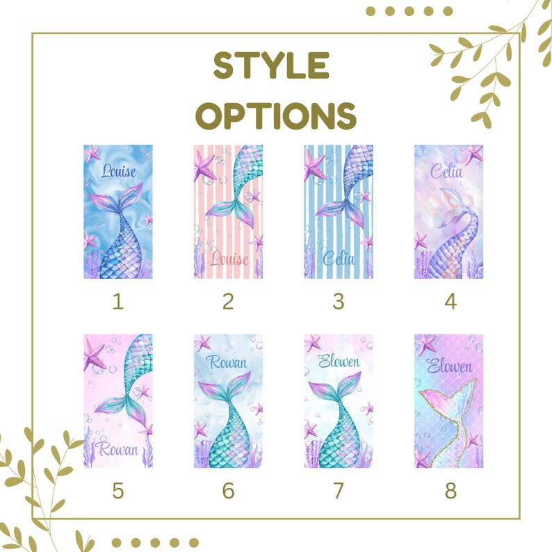 May include: Eight rectangular designs featuring mermaid tails and names like Louise, Celia, Rowan, and Elowen. The designs showcase watercolor illustrations with various color schemes, including blue, pink, and purple, with starfish accents. The text "STYLE OPTIONS" is at the top.