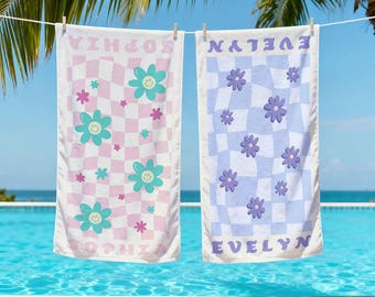 Personalized Retro Flower Beach Towel,Custom Name Towel for Women,Girls Trip Towel
