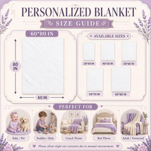 May include: A personalized blanket size guide infographic with lavender floral accents. It displays a 60 by 80 inch blanket diagram, a list of available sizes from 30 by 40 to 60 by 80 inches, and usage examples for babies, pets, kids, couches, and beds.