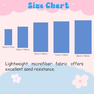 May include: A size chart displays four blue rectangular shapes, each representing a different size. The dimensions are listed in centimeters, with the smallest being 35cm x 75cm and the largest 80cm x 160cm. The text reads "Lightweight microfiber fabric offers excellent sand resistance."