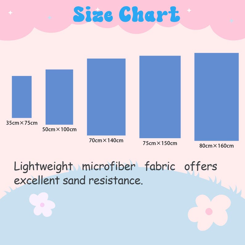 May include: A size chart displays four blue rectangular shapes, each representing a different size. The dimensions are listed in centimeters, with the smallest being 35cm x 75cm and the largest 80cm x 160cm. The text reads "Lightweight microfiber fabric offers excellent sand resistance."